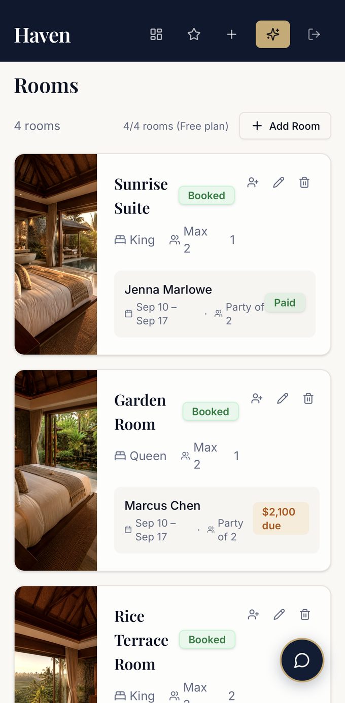 Manage rooms and bookings.